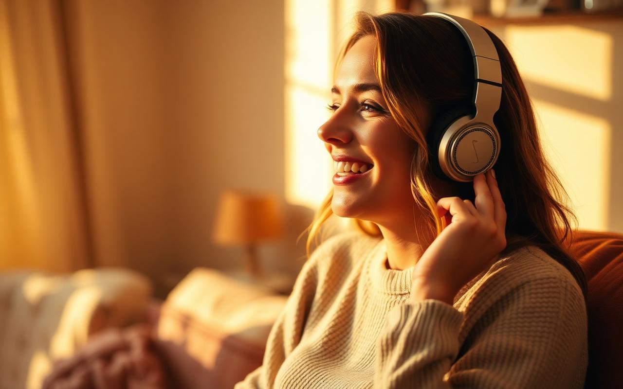 Mulher emocionada ouvindo uma música personalizada em casa